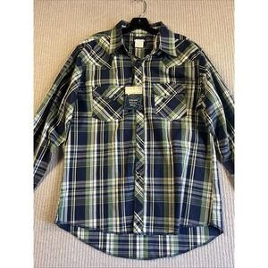 Wrangler Shirt Men's L Blue Green Pearl Snap Sawtooth Pockets New Long Sleeve